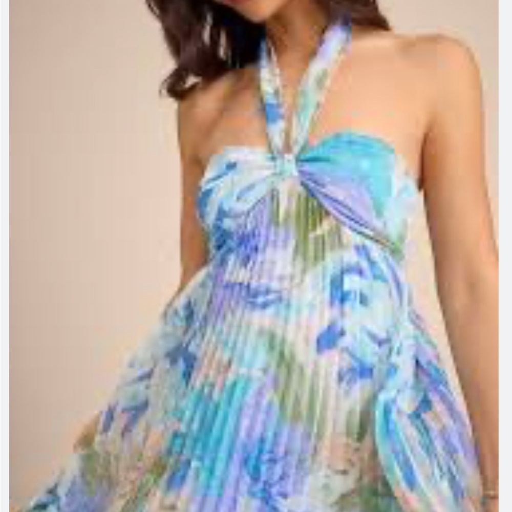 Lulus Aminah Multi- Floral Pleated Halter Midi Womenn Dress Size M NWT